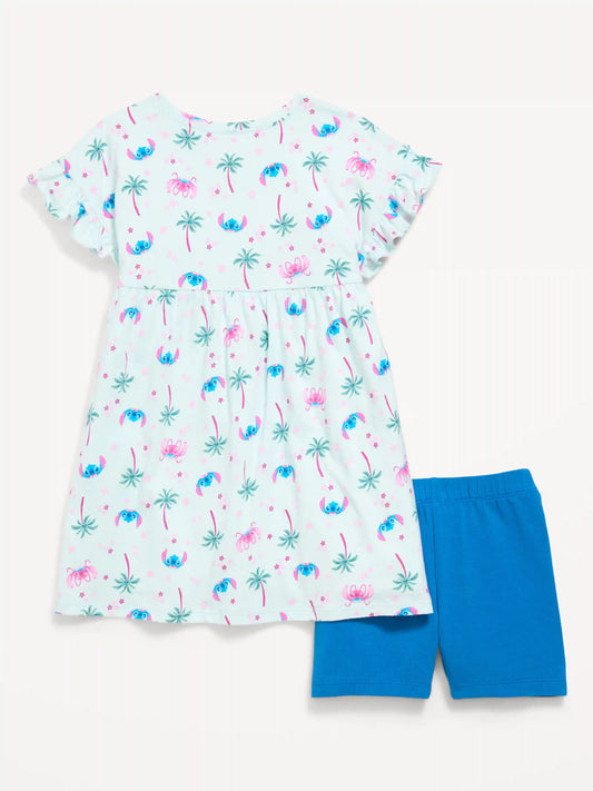 Disney© Ruffled Short-Sleeve Dress and Biker Shorts Set for Toddler Girls