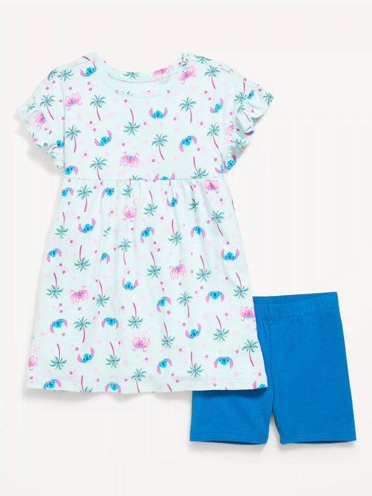 Disney© Ruffled Short-Sleeve Dress and Biker Shorts Set for Toddler Girls
