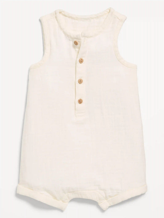 Sleeveless Double-Weave Henley One-Piece Romper for Baby