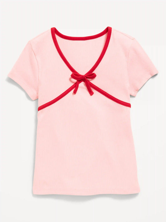 Fitted Short-Sleeve Ribbed Bow Top for Girls