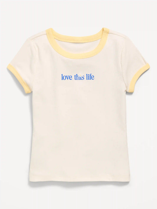 Fitted Short-Sleeve Ribbed Graphic Ringer T-Shirt for Girls