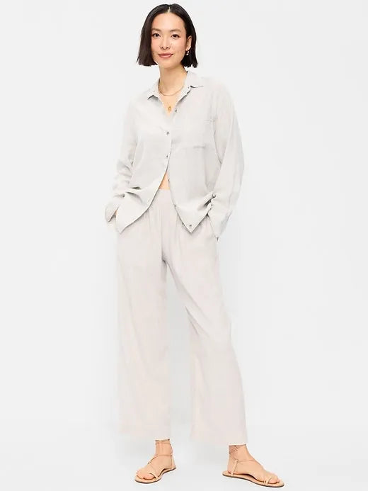 High-Waisted Linen-Blend Straight Ankle Pants