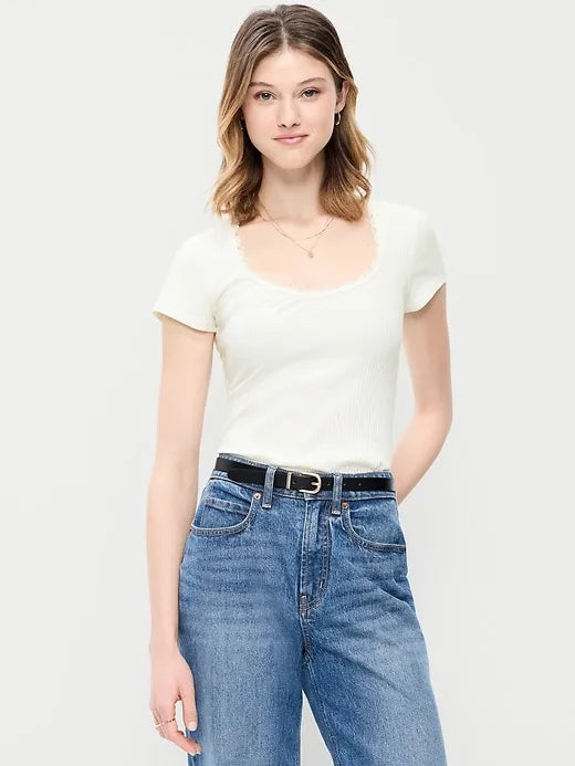 Lace-Trim Sweetheart-Neck Ribbed Top