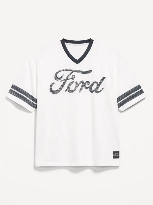 Licensed Graphic Cropped Mesh V-Neck T-Shirt