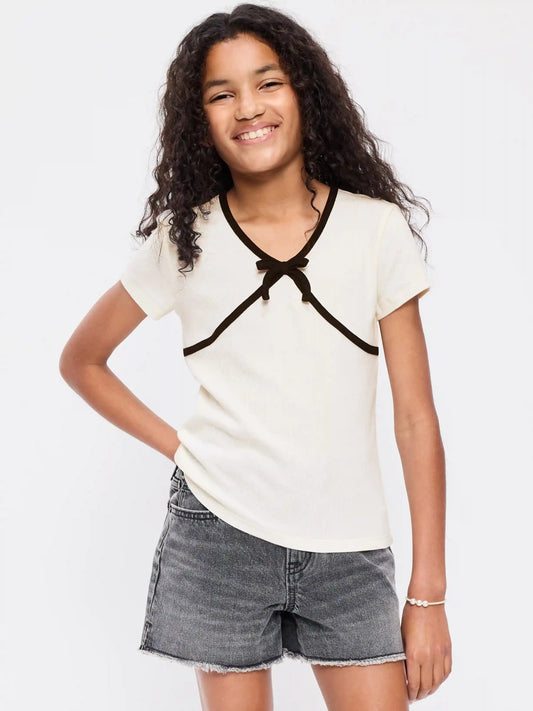 Fitted Short-Sleeve Ribbed Bow Top for Girls
