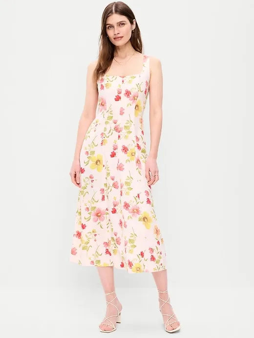 Fit & Flare Sleeveless Linen-Blend Midi Dress