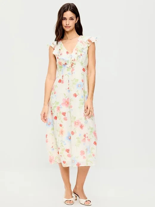 Ruffle-Sleeve Fit & Flare Midi Dress