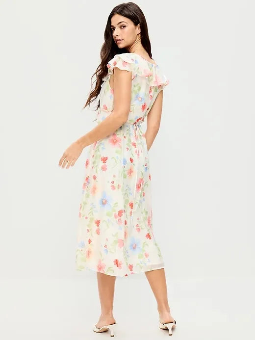 Ruffle-Sleeve Fit & Flare Midi Dress