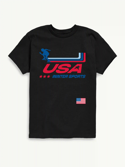 USA Winter Sports Short Sleeve Graphic T-Shirt For Kids