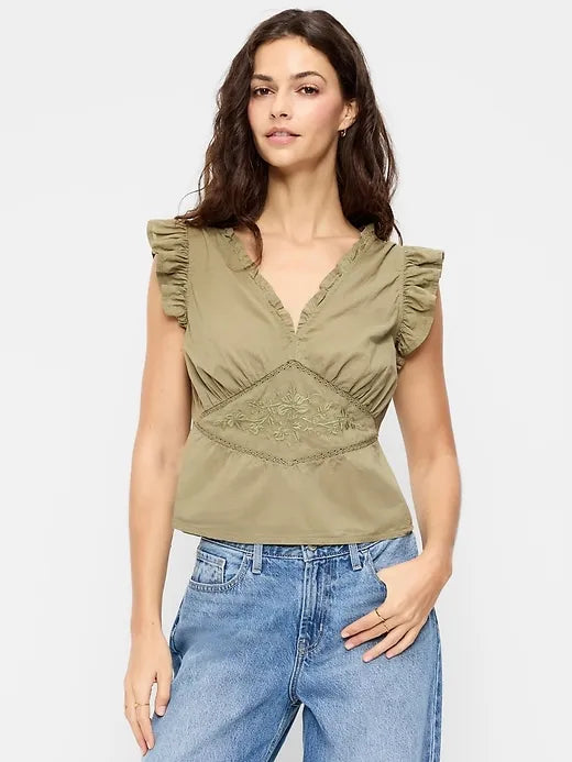 Flutter-Sleeve Embroidered Top