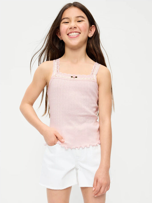 Fitted Lace-Trim Henley Tank Top for Girls
