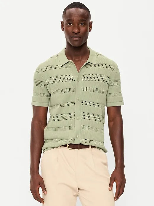 Short-Sleeve Open-Knit Sweater Shirt