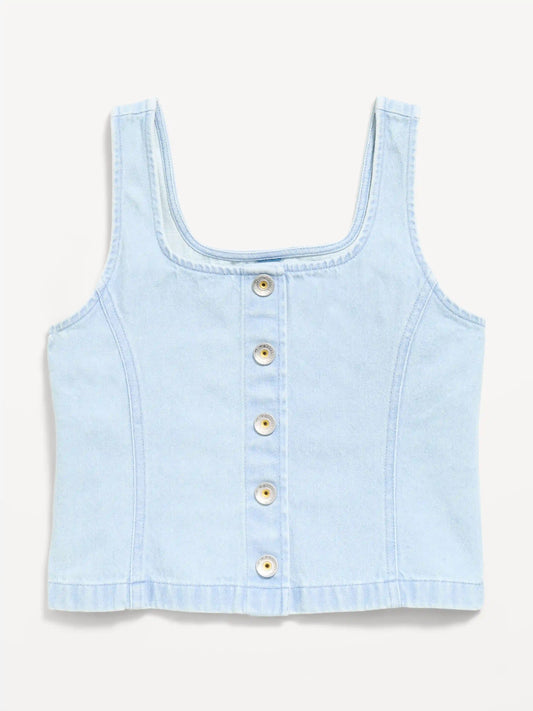Button-Front Plaid Denim Tank Top for Girls