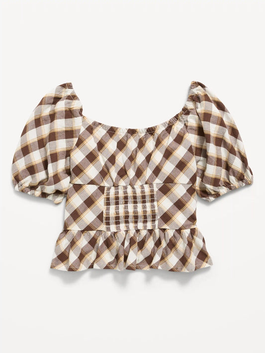 Fitted Short Puff-Sleeve Crinkled Plaid Top for Girls