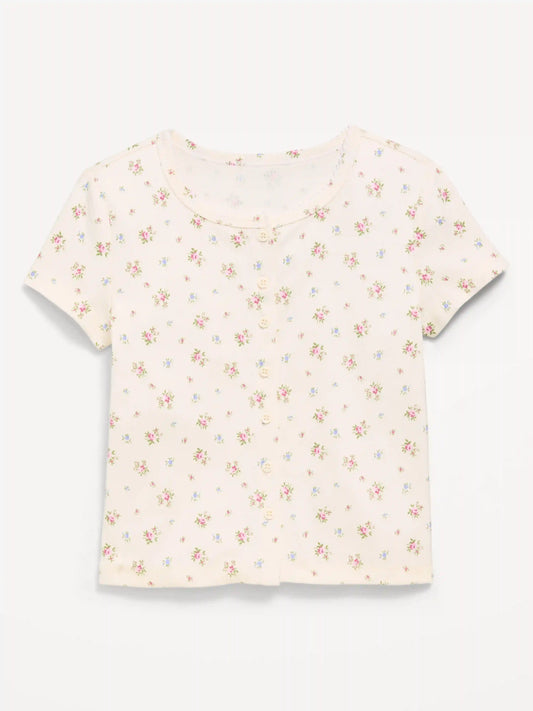 Fitted Short-Sleeve Ribbed Button-Front Top for Girls
