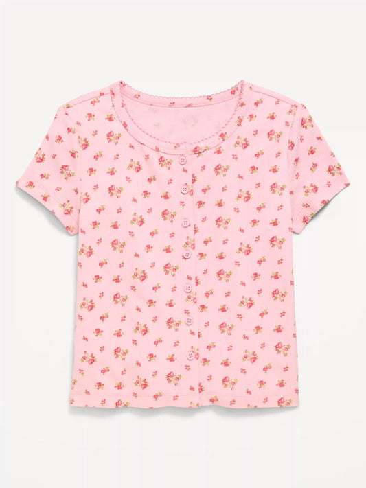 Fitted Short-Sleeve Ribbed Button-Front Top for Girls