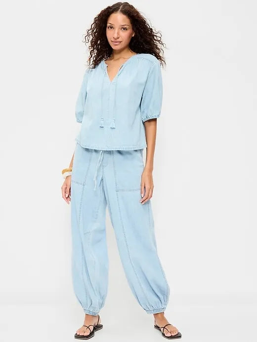 Mid-Rise Pull-On Utility Harem Denim Pants
