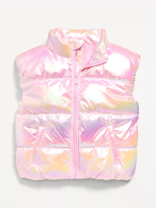 Water-Resistant Metallic Puffer Vest for Toddler Girls