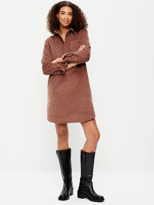 Long-Sleeve Denim Mini Shirt Dress