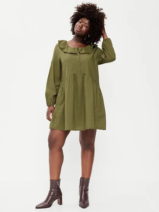 Long-Sleeve Ruffle-Collar Swing Mini Dress