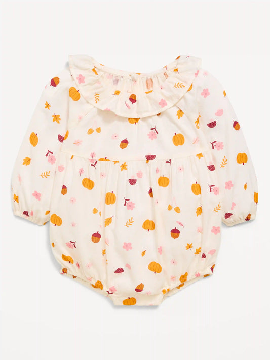Printed Long-Sleeve Ruffle-Trim Romper for Baby