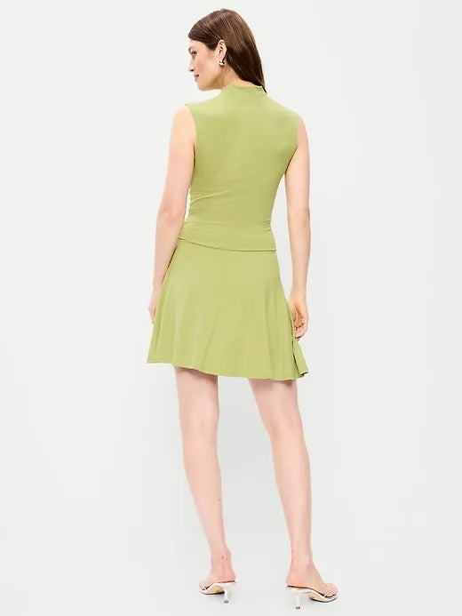 Gathered Mock-Neck Drop-Waist Mini Dress