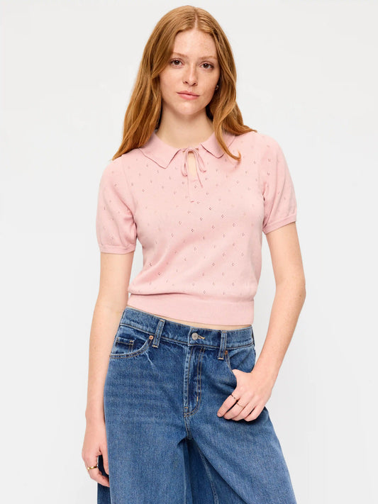 Tie-Front Seaside Cotton Pointelle Cropped Polo