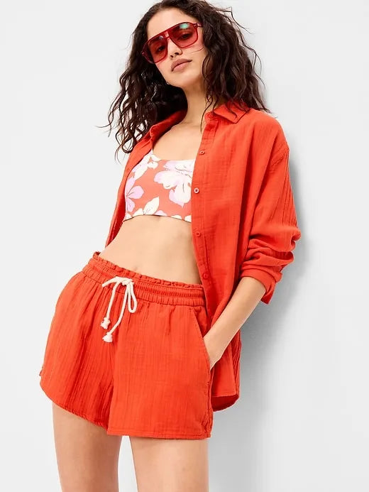 Open-Back Crinkle Gauze Button-Down Shirt
