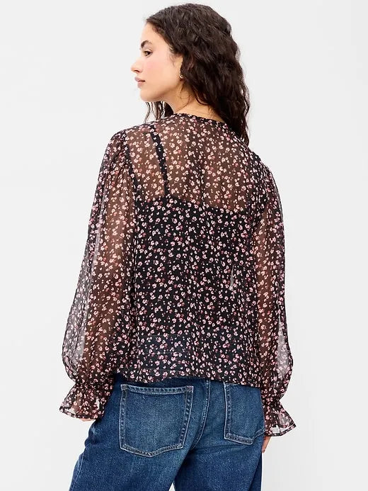 Chiffon Semi-Sheer Tie-Front Top