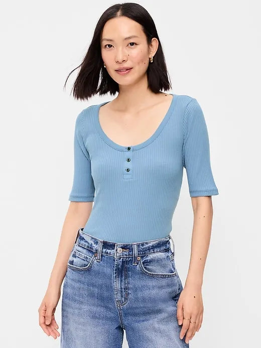 Scoop-Neck Fitted Henley Top