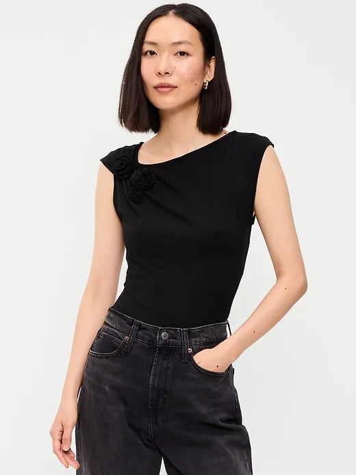 Gathered-Shoulder Rosette Top