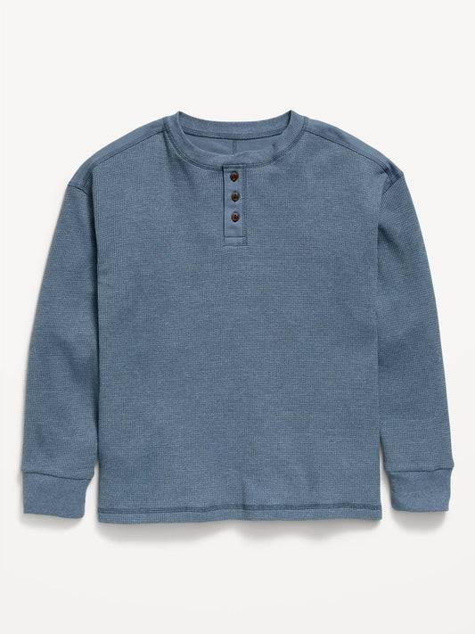 Oversized Long-Sleeve Waffle Knit Henley T-Shirt for Boys