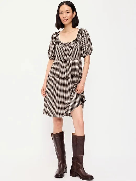 Puff-Sleeve Swing Mini Dress