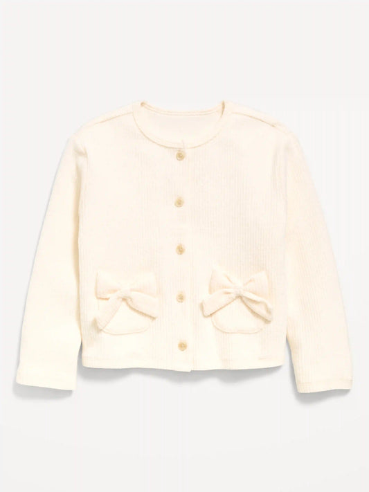 Cozy Ribbed Bow-Pocket Cardigan Sweater for Toddler Girls