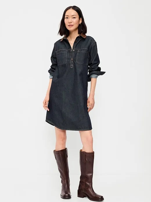 Long-Sleeve Denim Mini Shirt Dress