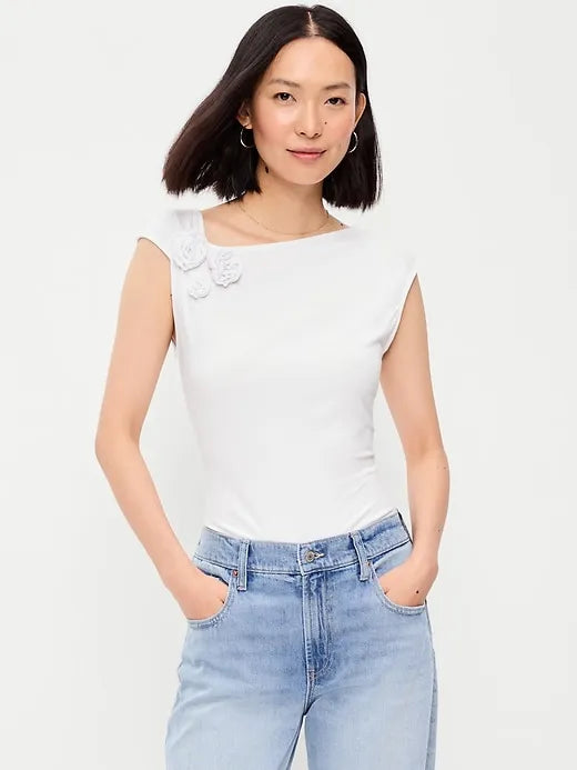 Gathered-Shoulder Rosette Top