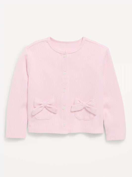 Cozy Ribbed Bow-Pocket Cardigan Sweater for Toddler Girls