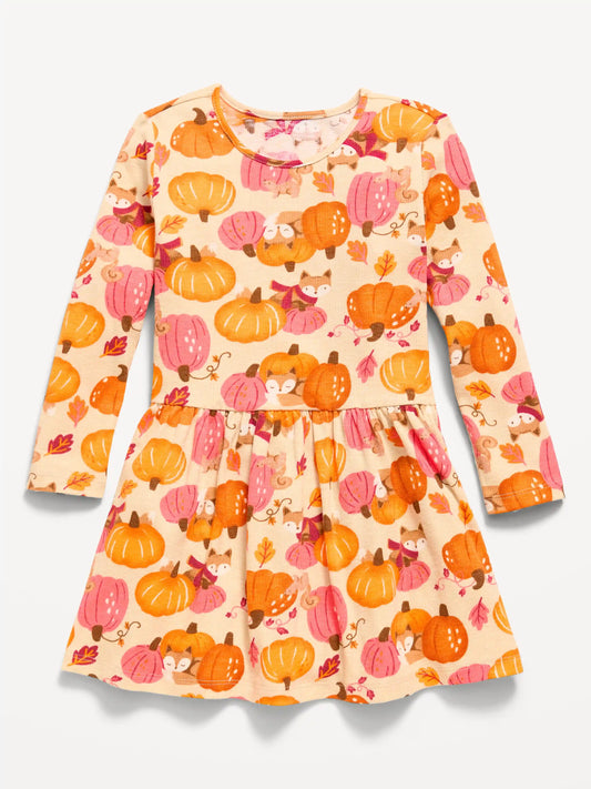 Printed Long-Sleeve Ribbed Dress for Toddler Girls