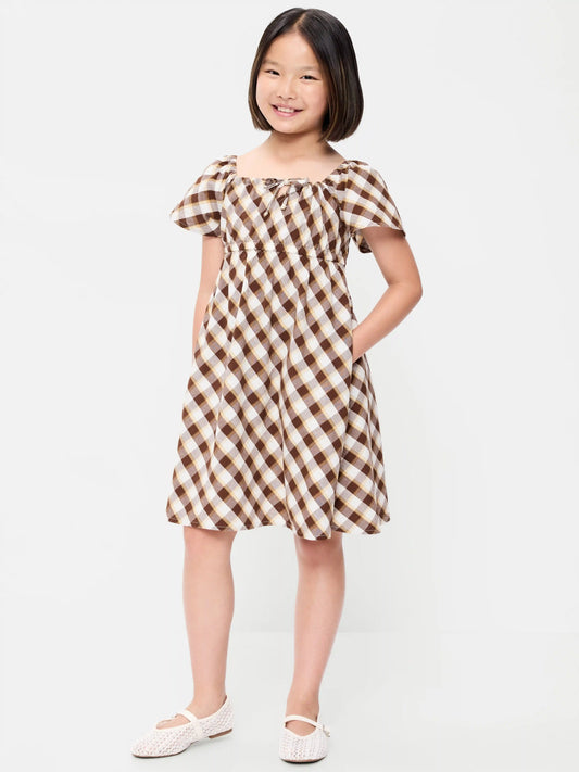 Short Flutter-Sleeve Crinkled Plaid Dress for Girls