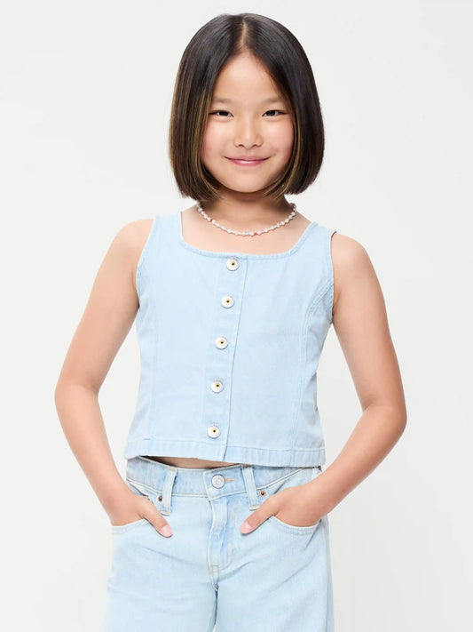 Button-Front Plaid Denim Tank Top for Girls