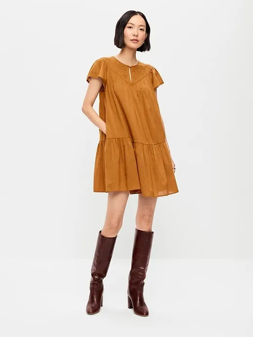 Flutter-Sleeve Mini Swing Dress