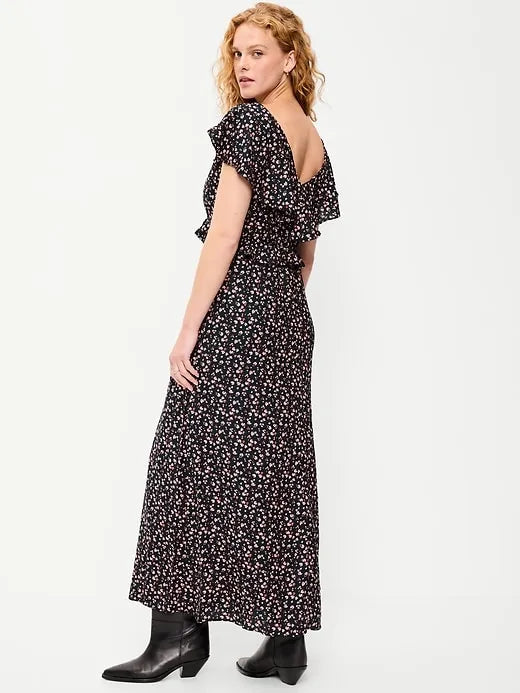 Flutter-Sleeve Crepe Maxi Dress
