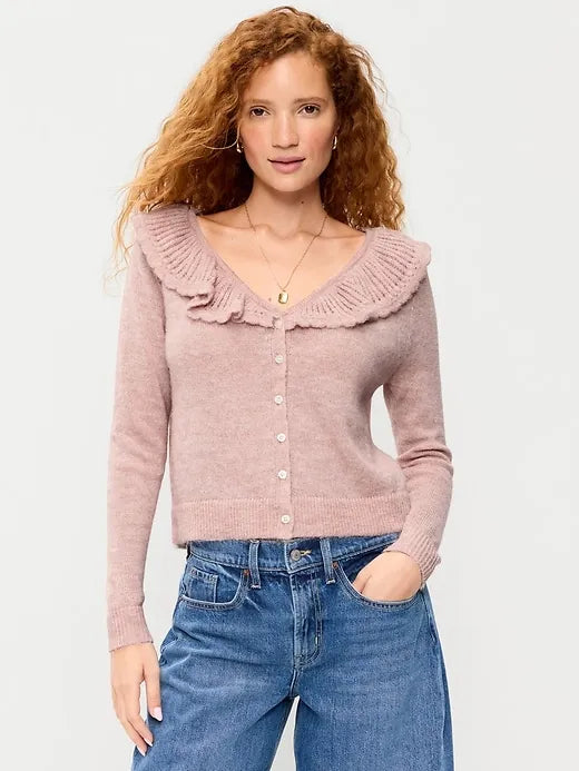 Ruffle-Collar Wool-Blend Pointelle Cardigan