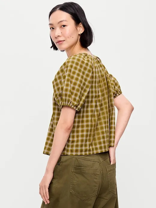 Short-Sleeve Button-Front Plaid Top