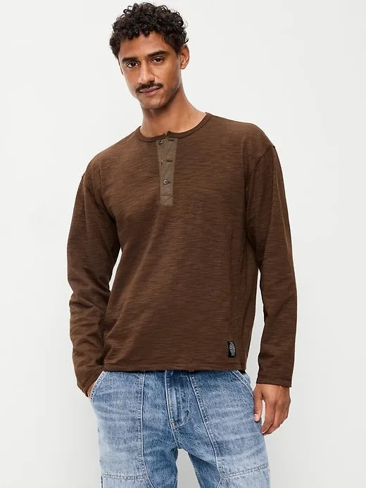 Long-Sleeve Slub-Knit Henley T-Shirt