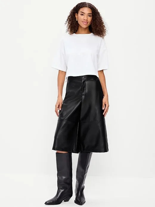 Mid-Rise Faux-Leather Baggy Culottes