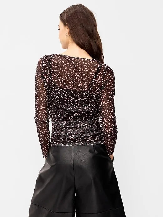 Long-Sleeve Asymmetrical Unlined Mesh Top