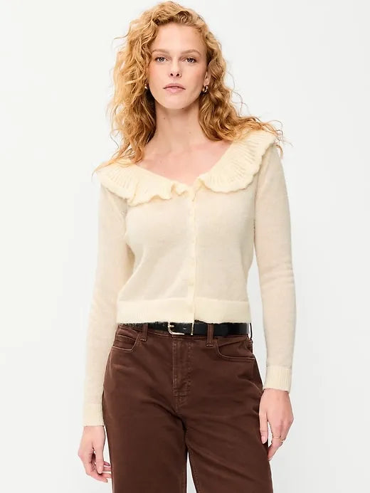 Ruffle-Collar Wool-Blend Pointelle Cardigan