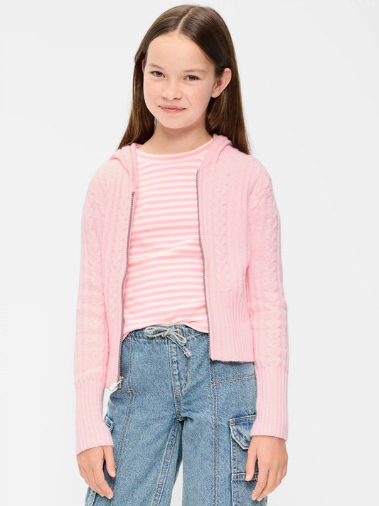 Fitted Cable-Knit Full-Zip Hoodie for Girls