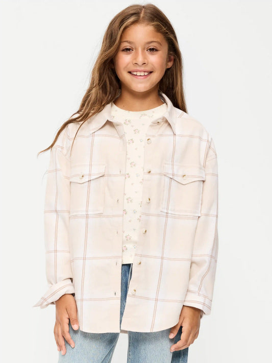Oversized Long-Sleeve Utility Pocket Flannel Shirt for Girls